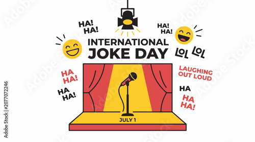 International Joke Day celebration with a comedy stage, microphone, spotlight, and laughing emojis.