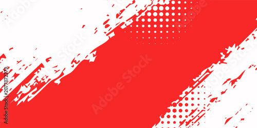 Abstract red and white background with dynamic paint brush stroke and halftone dots pattern. Vector illustration