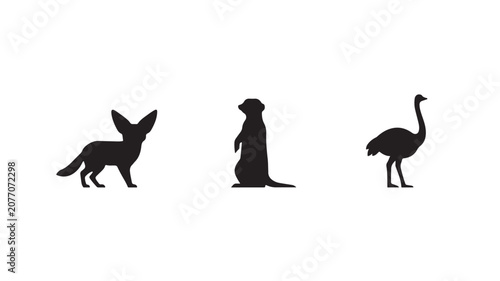 Three Wild Animal Silhouettes Icon Set with Fennec Fox, Meerkat and Ostrich