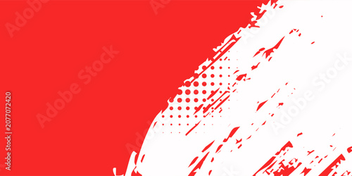 Abstract red and white background with dynamic paint brush stroke and halftone dots pattern. Vector illustration