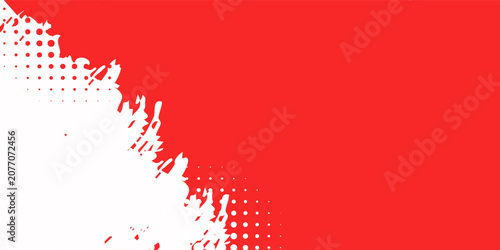 Abstract red and white background with dynamic paint brush stroke and halftone dots pattern. Vector illustration