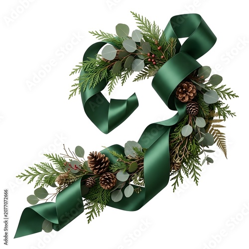 Decorative Christmas garland with pine cones and evergreen branches accented by a flowing emerald green satin ribbon