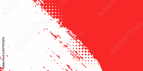 Abstract red and white background with dynamic paint brush stroke and halftone dots pattern. Vector illustration
