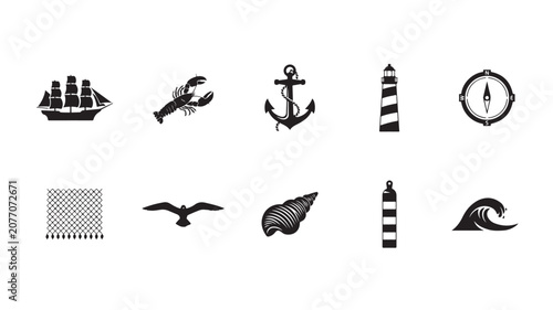 Nautical Vector Icon Set with Ship, Lobster, Anchor, Lighthouse, Compass, Fishing Net, Seagull, Shell, Buoy and Wave
