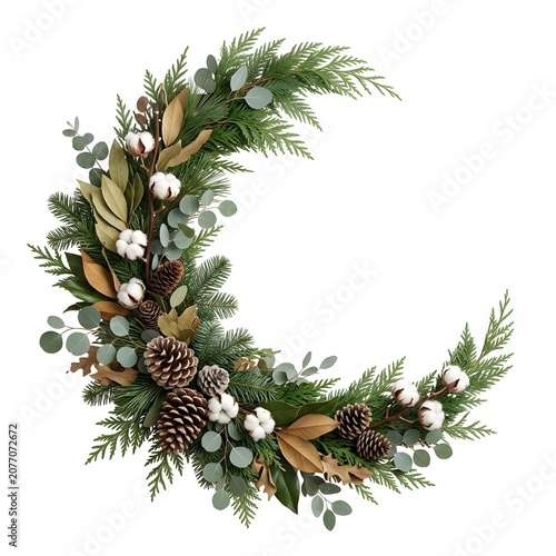 Crescent moon shaped festive winter greenery wreath adorned with pinecones cotton bolls and eucalyptus leaves