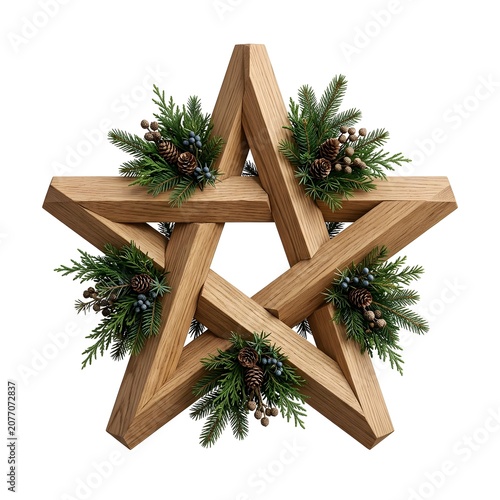 Rustic wooden star decoration with pine branches and pinecones for festive winter holidays