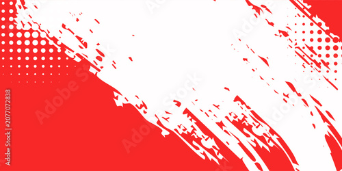 Abstract red and white background with dynamic paint brush stroke and halftone dots pattern. Vector illustration