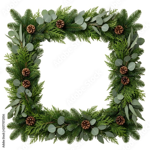 Square shaped rustic Christmas garland with evergreen branches eucalyptus leaves and pinecones isolated on transparent background