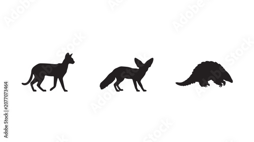 Three Wild Animal Silhouettes Icon Set with Jungle Cat, Fennec Fox and Pangolin