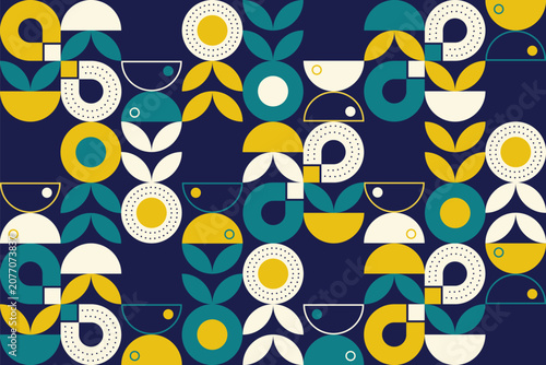 Colorful mid-century modern geometric pattern featuring abstract circles, arches, petals, and semicircles in teal, mustard yellow, and beige on a navy background.