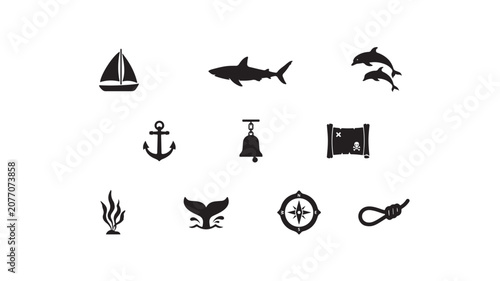 Nautical Flat Icon Set with Sailboat, Shark, Dolphins, Anchor, Bell, Treasure Map, Seaweed, Whale Tail, Compass and Rope