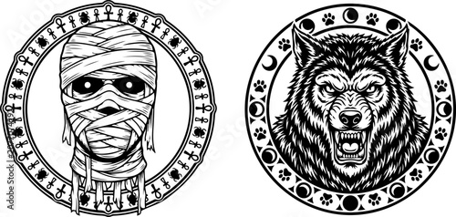Halloween Scarecrow and Crow in Pumpkin Patch Black and White Vector