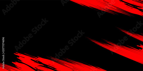 Abstract red and black grunge background with dynamic paint brush strokes and halftone dot pattern. Vector illustration