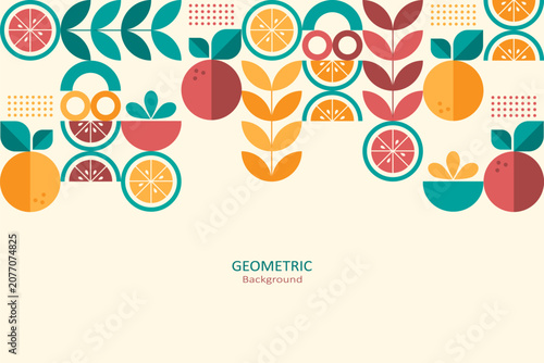 Retro geometric fruit background with citrus slices, leaves, and abstract shapes in vibrant teal, orange, red coral, and beige, featuring ample copy space for modern designs.