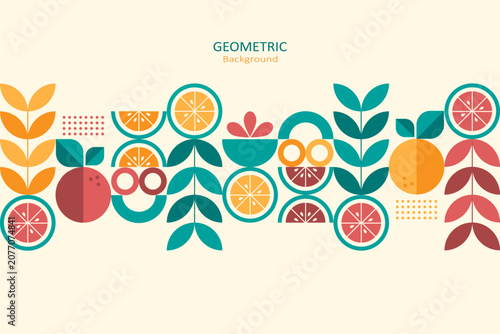 Retro geometric fruit background with citrus slices, leaves, and abstract shapes in vibrant teal, orange, red coral, and beige, featuring ample copy space for modern designs.