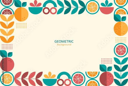 Retro geometric fruit background with citrus slices, leaves, and abstract shapes in vibrant teal, orange, red coral, and beige, featuring ample copy space for modern designs.