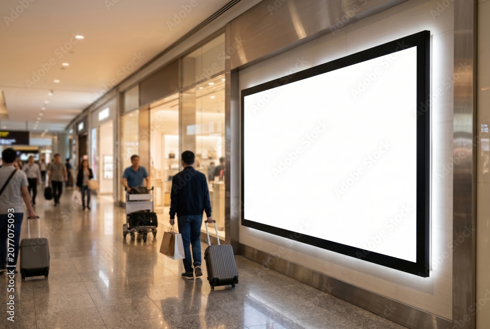 Fototapeta premium Blank white horizontal billboard mockup in modern airport terminal with travelers.