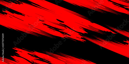 Abstract red and black grunge background with dynamic paint brush strokes and halftone dot pattern. Vector illustration