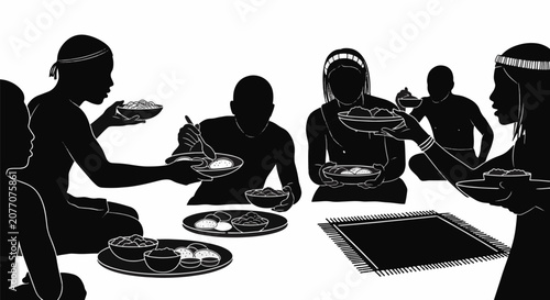 Black and white silhouette illustration of an ancient tribal group sitting together on the ground sharing a communal meal from various bowls and plates in a traditional setting.