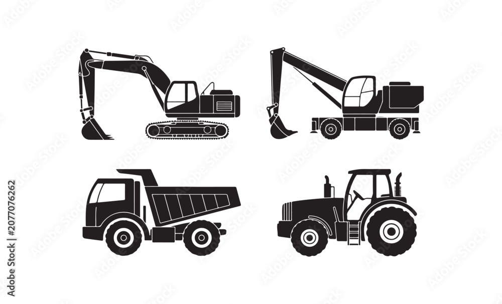 Naklejka premium Black silhouette icons of four heavy duty construction vehicles for transport projects.