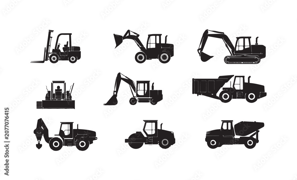 Obraz premium Industrial construction machines heavy equipment silhouette set, loader, excavator, bulldozer, truck.