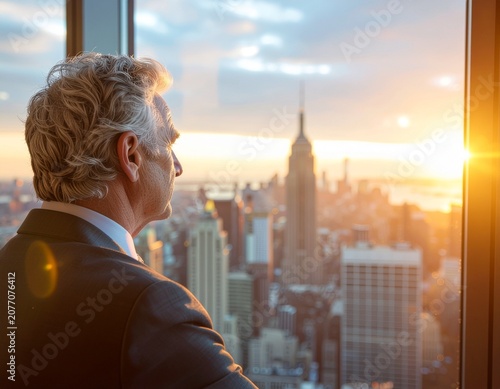 Businessman looking out office window at cityscape.