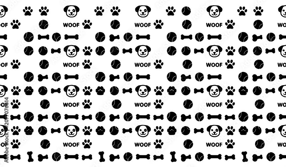 Fototapeta premium Playful dog seamless pattern with cute puppies paw prints bones and woof text vector