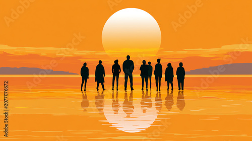 Silhouetted figures standing together against a vibrant sunset, reflecting on water, symbolizing unity and tranquility.
