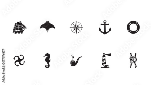 Nautical Emblem Icon Collection with Ship, Manta Ray, Compass, Anchor, Lifebuoy, Seahorse, Pipe and Lighthouse