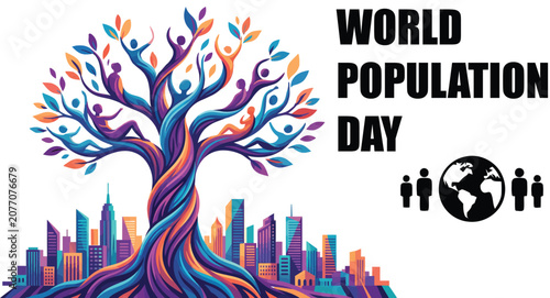 Vibrant tree of life with people celebrating world population day