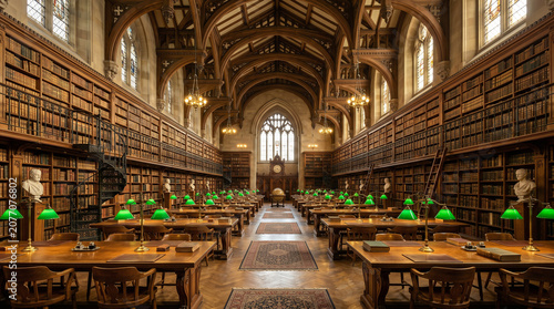 Grand Historic University Library Reading Room with Oak Tables 