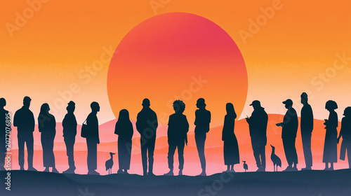 Silhouettes of diverse individuals against a vibrant sunset, capturing unity and diversity in a serene landscape.