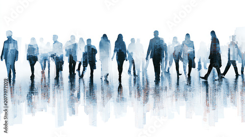 Silhouettes of diverse individuals walking in a bustling urban environment, creating a sense of movement and connection.