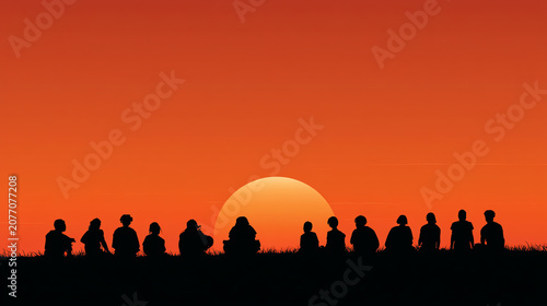 Silhouettes of people enjoying a sunset together, creating a peaceful and reflective atmosphere in nature.