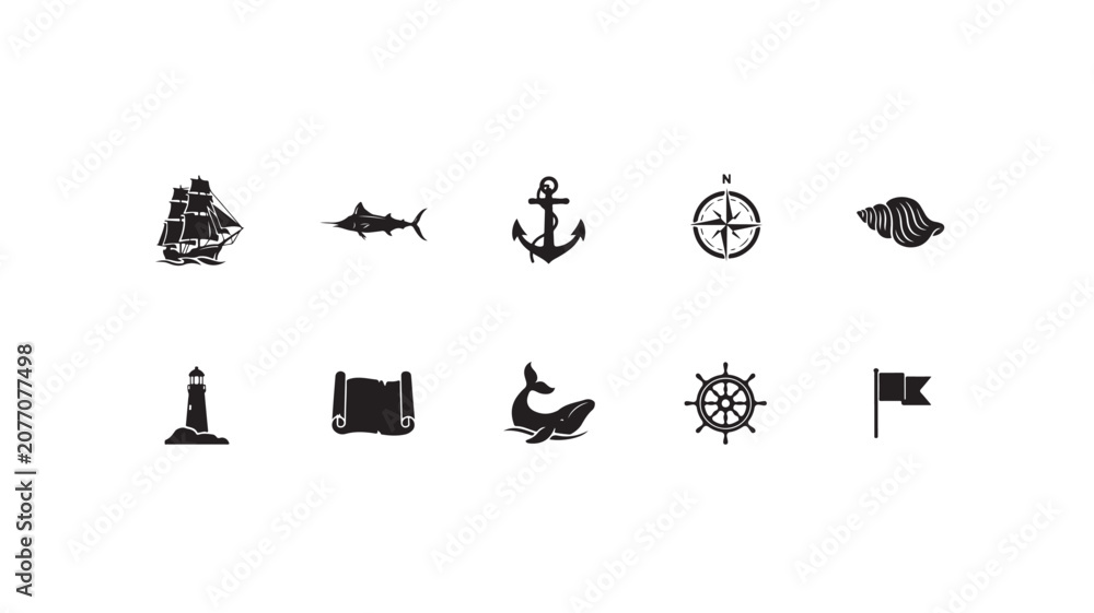 Fototapeta premium Nautical Discovery Icon Set with Ship, Anchor, Compass, Shell, Lighthouse, Whale, Ship Wheel and Flag Silhouettes