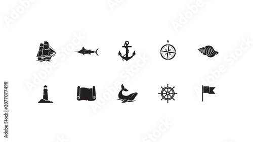 Nautical Discovery Icon Set with Ship, Anchor, Compass, Shell, Lighthouse, Whale, Ship Wheel and Flag Silhouettes