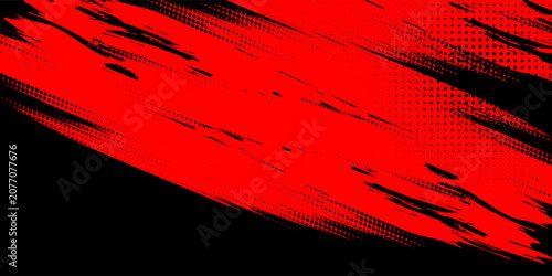 Abstract red and black grunge background with dynamic paint brush strokes and halftone dot pattern. Vector illustration