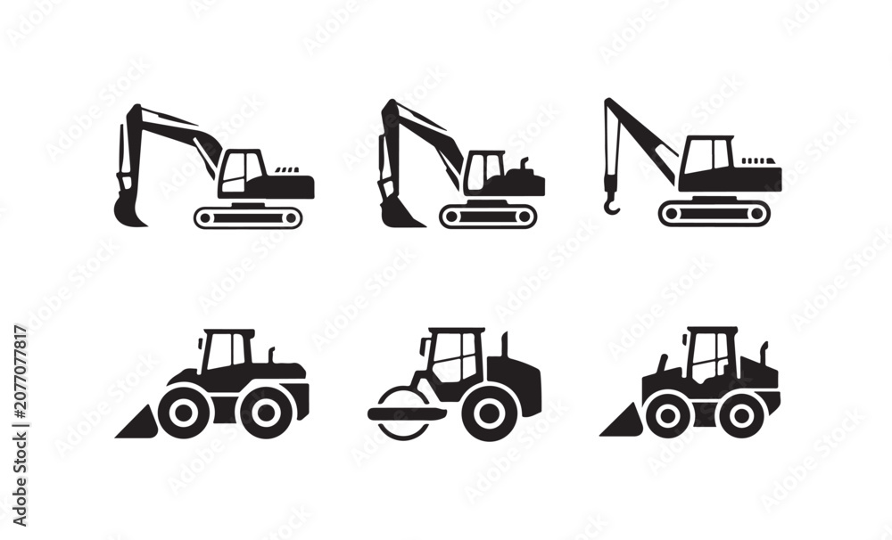 Fototapeta premium Set of construction vehicles icons, heavy machinery, building and industrial transport equipment.