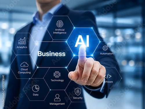 Businessman Interacting with AI Digital Interface in Modern Office