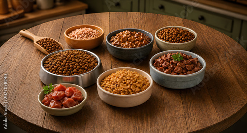 Assorted Pet Food Bowls on Rustic Wooden Table