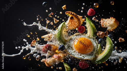 Dynamic Food Splash with Egg Avocado and Berries