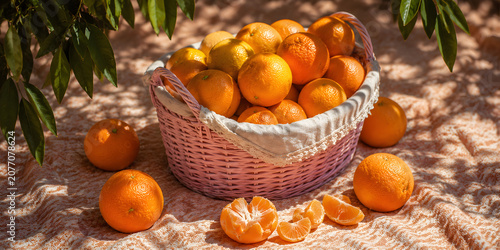 Fresh Oranges in Wicker Basket on Picnic Blanket