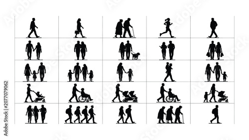 Photos Crowd silhouettes depict diverse community members engaged in common urban transit and family life