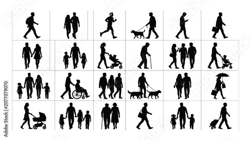 Cuadro en lienzo Pedestrian silhouettes demonstrate a wide variety of everyday human movements and social behaviors