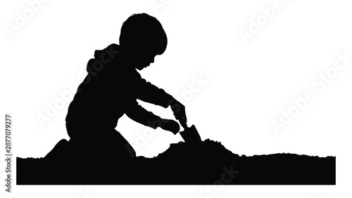 Canvas-taulu Child silhouette kneels on the ground while playing in the dirt with a small handheld gardening shovel