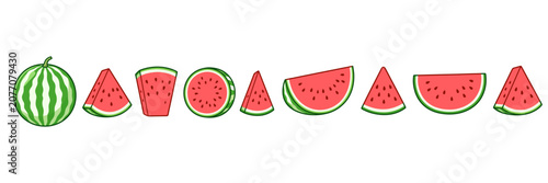 Collection of fresh watermelon slices and whole watermelon on a plain background