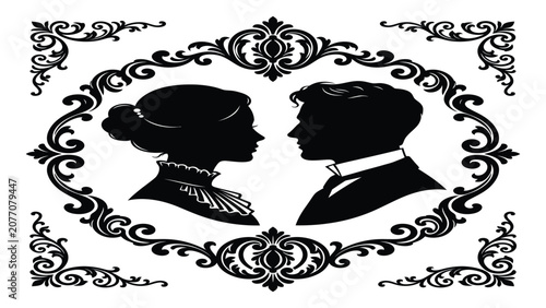 Bilde på lerret Couple silhouettes are enclosed within an ornate vintage oval frame to represent classic romance and elegance