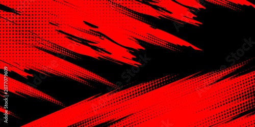 Abstract red and black grunge background with dynamic paint brush strokes and halftone dot pattern. Vector illustration