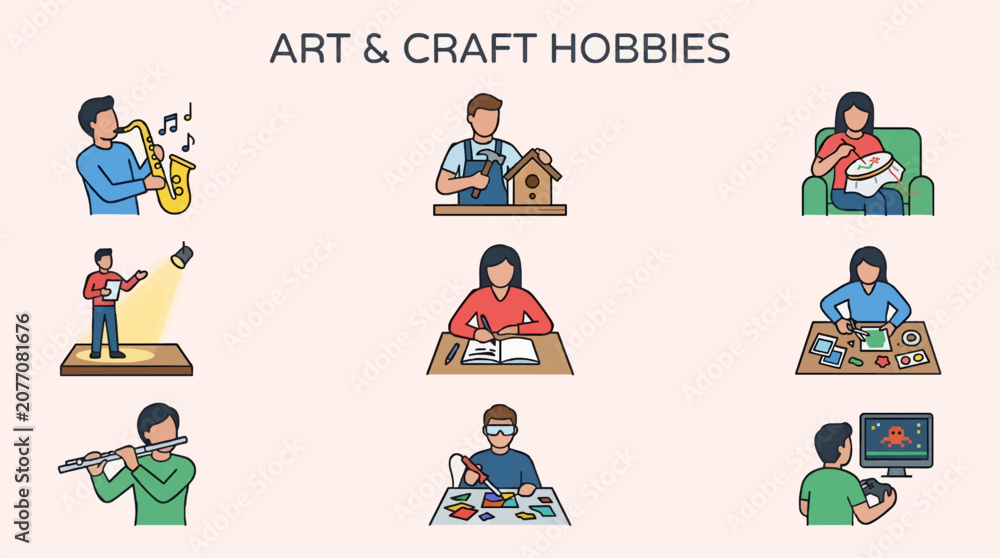 Fototapeta premium Flat Vector Icons of People Enjoying Various Art and Craft Hobbies, Including Music, Woodworking, Sewing, Public Speaking, Writing, Paper Crafts, Stained Glass, and Gaming, with Simple Clean Design