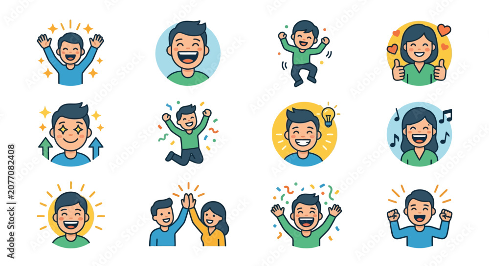 Fototapeta premium Corporate Celebration Icons Colorful Happy Employees Expressing Joy Success and Teamwork with Bright Backgrounds